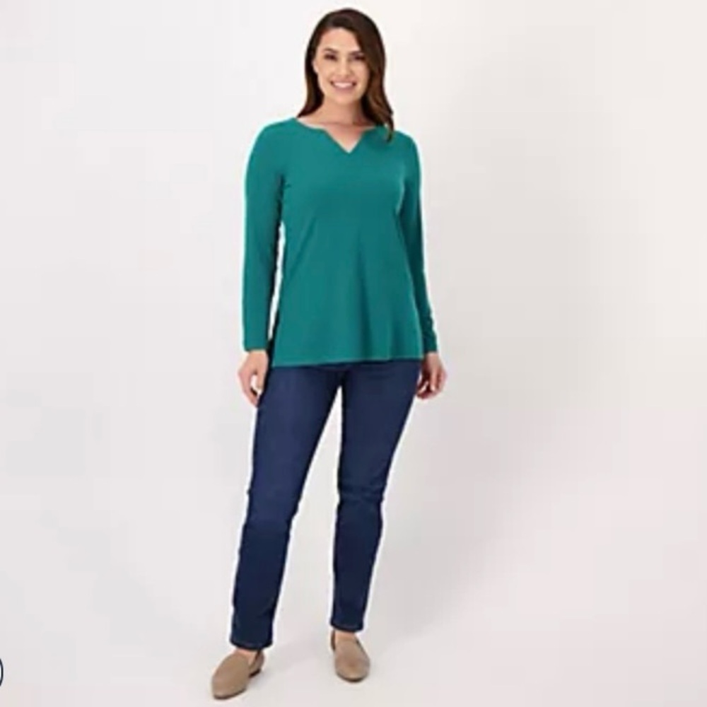 Susan Graver Modern Essentials Liquid Knit Tunic Top Green Size XXS QVC NWOT